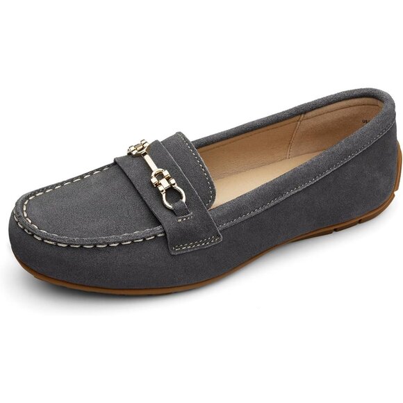 Kordal Women's Grey Leather Gold Accent Buckle Slip-Ons Comfortable Loafers - Picture 2 of 9